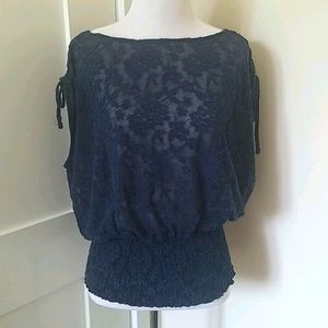 Anthropologie Navy blue floral lace blouse XS